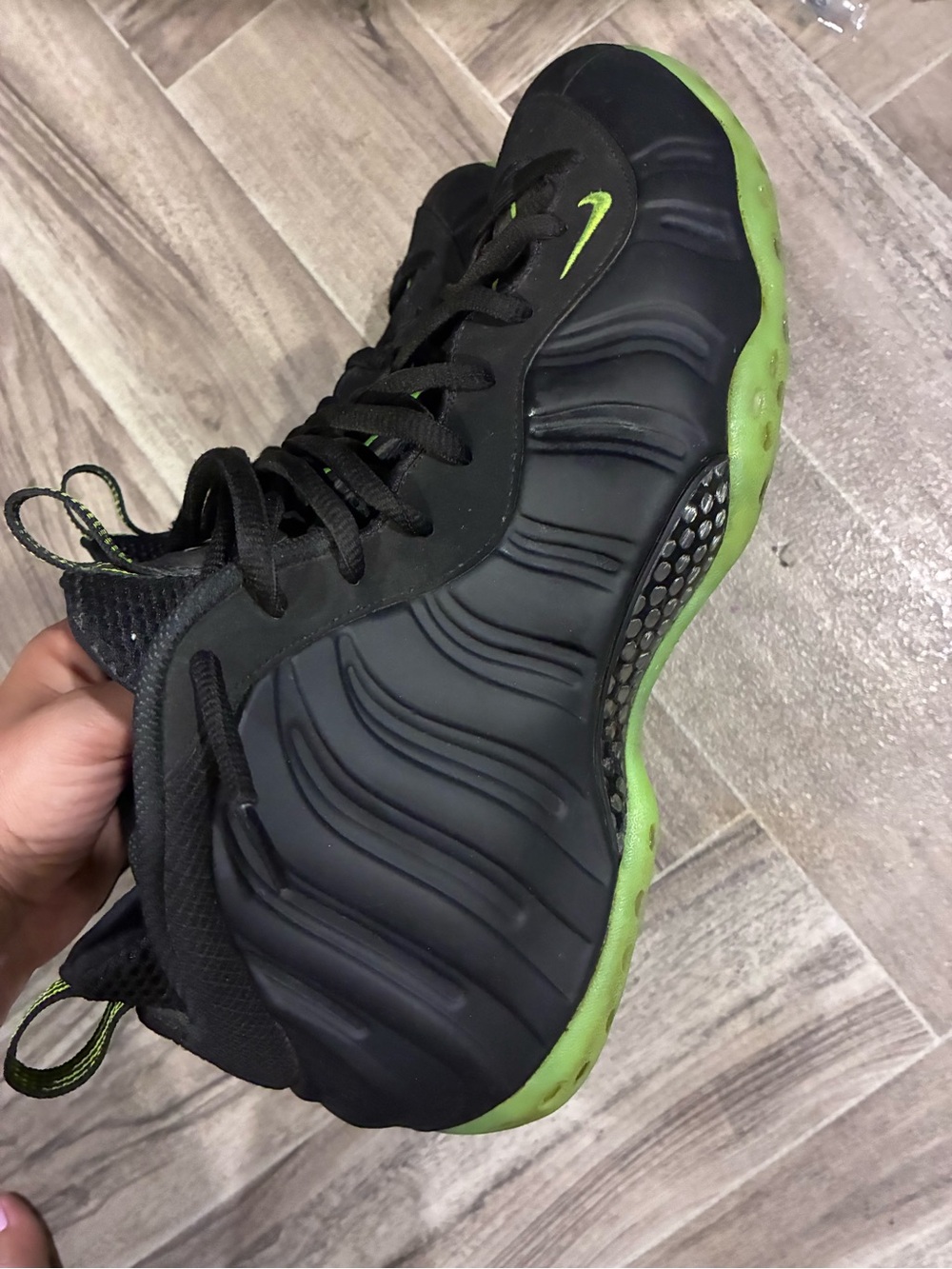 Nike Black Foamposite Sneaker with black bolt Neon Green Sole